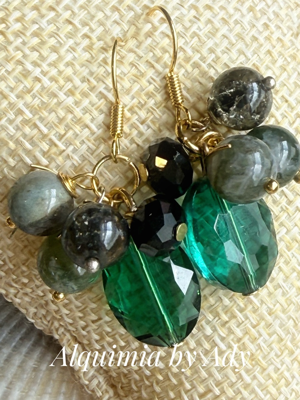 Alquimia Deep Emerald Faceted Cluster Earrings with Gold Hooks